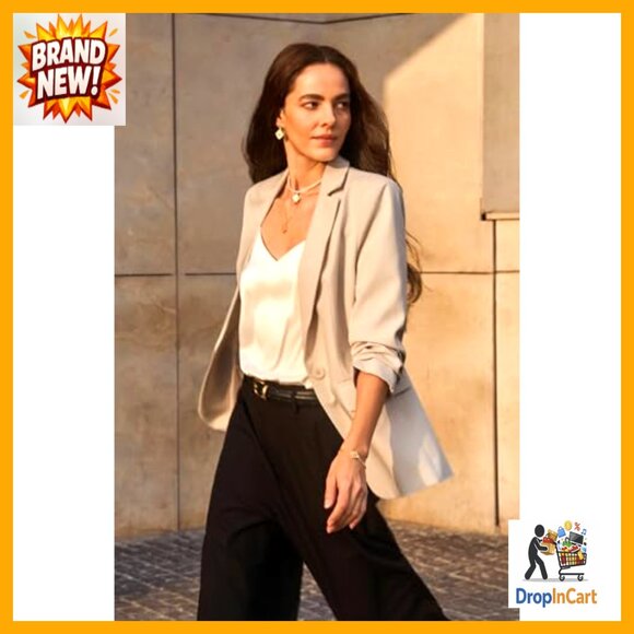 Open Front Blazer Slim Fit Long Sleeve Work Office Casual Chic Minimal - Picture 3 of 7